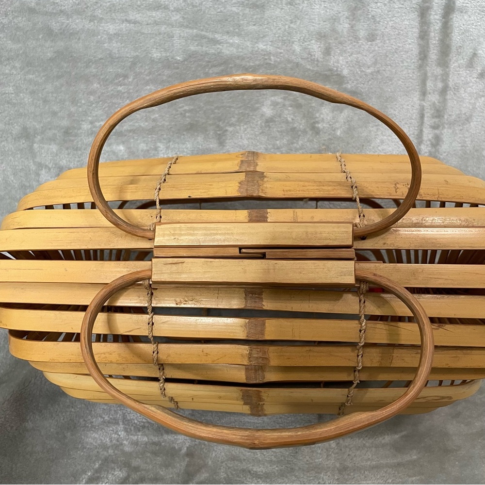 Vintage Japanese Style Bamboo Cage Purse Collapsible Accordion Folding Tote - Picture 6 of 13